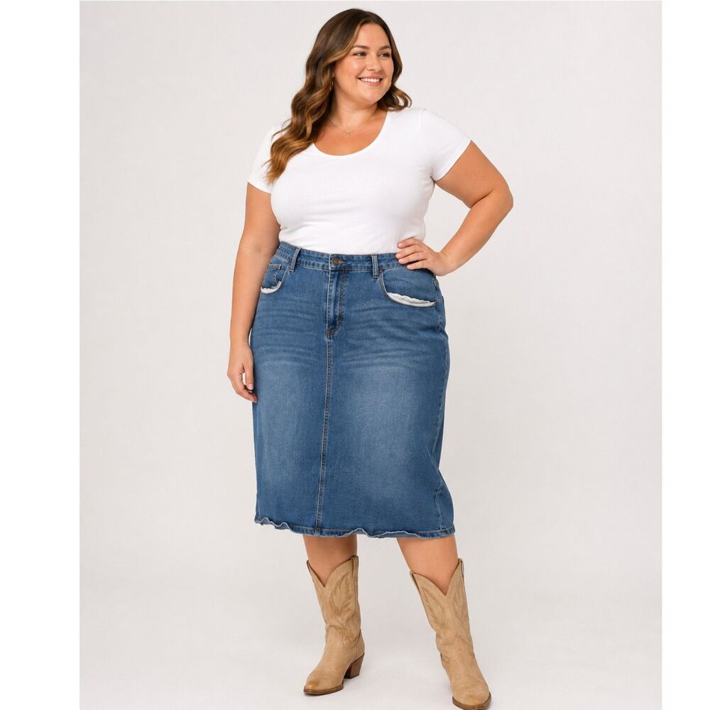New Max Denim Midi Pencil Jean Skirt Western Cottagecore Women Plus Size 22